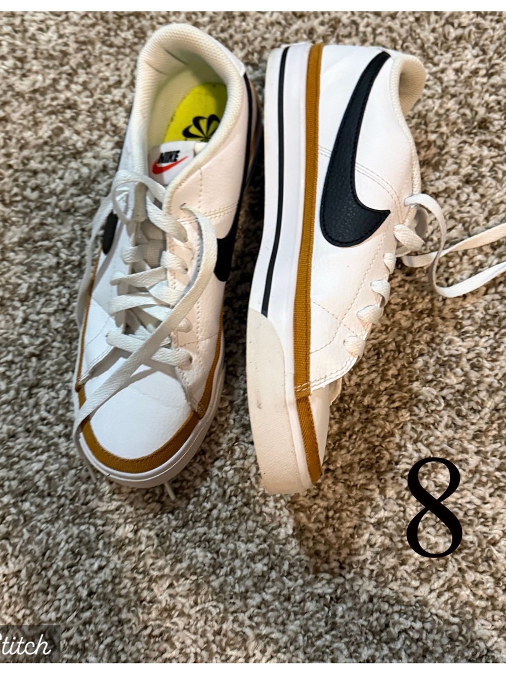 Nike White Sneakers with Black Swoosh and Brown Trim — Women’s Low-Top